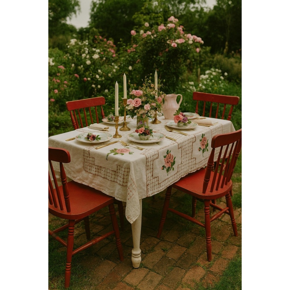 Vintage   Tablecloth Pink Rose‎ Floral Embroidered 60 x 80 in. #23 cutter